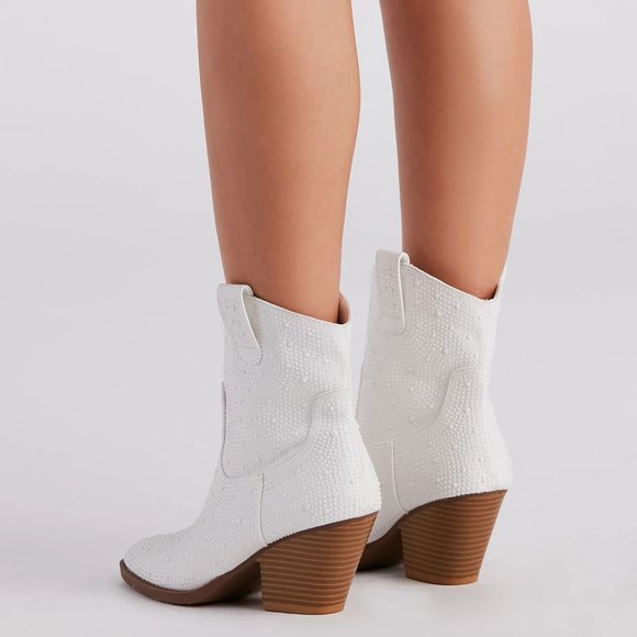 NEW🔥Ivory Faux Pearl Embellished Cowboy Cowgirl Western Heel Ankle Booties Boot - Picture 6 of 12